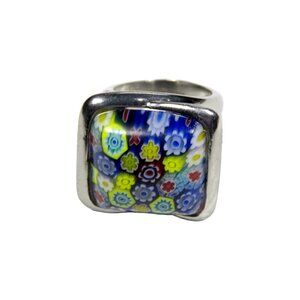 Inox Women's Polished Stainless Steel Floral Square Ring, Size 7